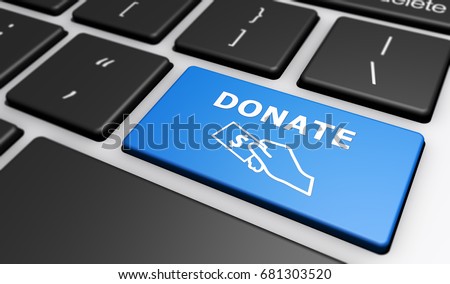 Web donations concept with a blue computer key with donate sign and icon 3D illustration.