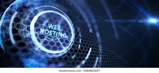 Web Hosting. The activity of providing storage space and access for websites. Business, modern technology, internet and networking concept. 3d illustration