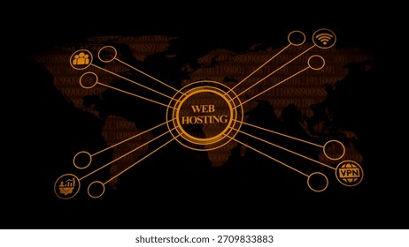 Web Hosting Network with Orange Digital Data Overlay and World Map internet server