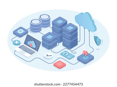 Web hosting service with servers, computer, cloud. Big data processing concept, cloud database. Raster illustration in 3d design. Isometric web banner.	

