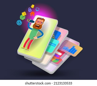 Web Icon Of A Cartoon Character Looking Through Binoculars On The Phone Screen. 3d Illustration