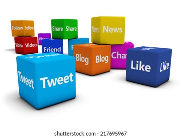 Web And Internet Concept With Social Media And Social Network Signs And Words On Colorful Cubes Isolated On White Background.