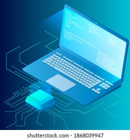 Web page software development.Isometric image of a laptop with program code and processor.The concept of a secure connection.3D-image