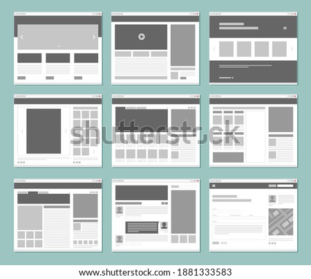 Web pages layout. Internet browser windows with website elements interface ui template design