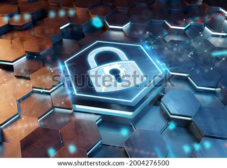 Web security icon concept engraved on blue and orange metal hexagonal pedestral background. Padlock Logo glowing on abstract digital surface. 3d rendering