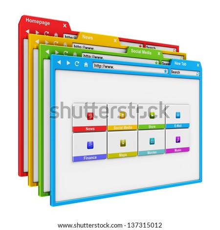 Web site design and internet concept: group of color www browser tabs isolated on white background