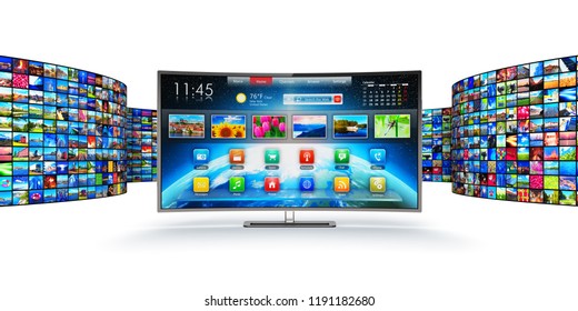 Web Streaming Media TV Video Service Technology, Multimedia Internet Communication And Cinema Content Production 3D Render Of Curved Smart Television Screen Display Monitor With Endless Wall Of Screen