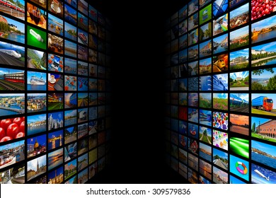 Web streaming media TV video technology and multimedia business internet communication concept: background with endless walls of screens with color photos and colorful displays with different images