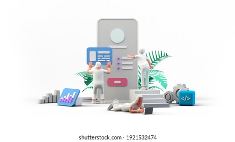 Web UI UX App Design Teamwork Concept 3D Illustration. Team People Building Creating Application User Interface Front View