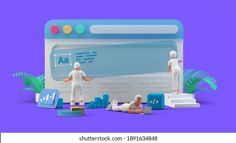 Web UI UX Design Teamwork Concept 3D Illustration. Team People Building Creating Website User Interface Front View