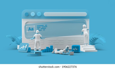 Web UI UX Design Teamwork Concept 3D Illustration. Team People Building Creating Website User Interface Front View