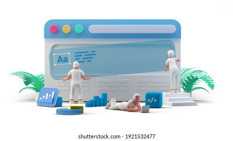 Web UI UX Design Teamwork Concept 3D Illustration. Team People Building Creating Website User Interface Front View