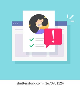 Web warning caution notification on personal profile fake account or fraud website user risk alert vector flat cartoon, illustration of internet person id with safety danger message modern design