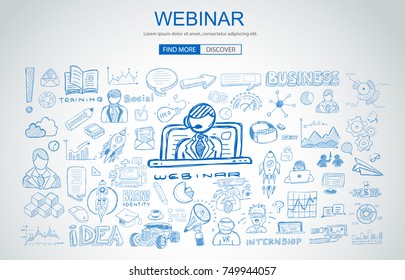 Webinar concept with Business Doodle design style: online formation, web courses, elearning tips. Modern style illustration for web banners, brochure and flyers. - Powered by Shutterstock