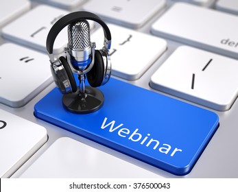 Webinar, Online Education and Training concept - Blue Webinar button with microphone and headphones - Powered by Shutterstock