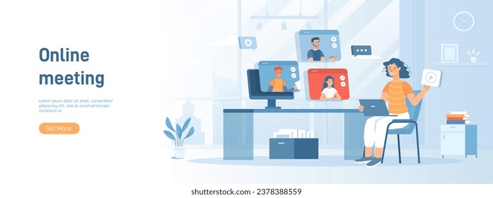 Webinar, online meeting, virtual conference on video call. People communicate online. Flat concept great for social media promotional material. Website banner on white background. - Powered by Shutterstock