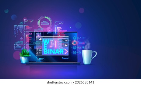 Webinar of technology web development. Laptop with education materials and programm interfaces on screen computer. Online tutorial of programming of artificial intelligence. Online webinar concept.