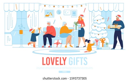 Webpage Banner Offer Christmas Gifts for Relatives. Cartoon Happy Families Characters Giving Presents. Grannies Sit on Sofa, Parents and Children with Boxes Stand in Living Room. Illustration - Powered by Shutterstock