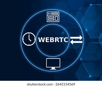 webrtc tech concept.Web Real-Time Communication; a technology that enables peer-to-peer communication for video, audio, and data sharing directly in browsers without plugins.