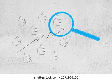 website analytics and popularity conceptual illustration: positive stats with thumbs up going up and magnifying glass analysing them - Powered by Shutterstock