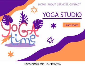 Website banner design for Yoga studio promotion with Learn more button. Lettering Yoga Time and decorative plants, bright leaves - Powered by Shutterstock