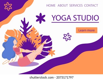 Website banner design for Yoga studio promotion with Learn more button. Yogi woman meditating. Cute flat female character and decorative plants, bright leaves - Powered by Shutterstock