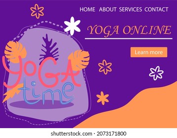 Website banner design for Yoga studio promotion with Learn more button. Lettering Yoga Time and decorative plants - Powered by Shutterstock