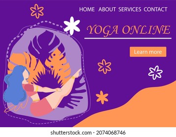 Website banner design for Yoga studio promotion with Learn more button. Yogi woman meditating. Cute flat female character and decorative plants - Powered by Shutterstock