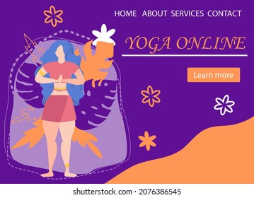 Website banner design for Yoga studio promotion with Learn more button. Yogi woman meditating. Cute flat female character and decorative plants - Powered by Shutterstock