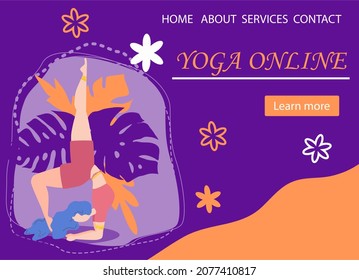 Website banner design for Yoga studio promotion with Learn more button. Yogi woman meditating. Cute flat female character and decorative plants - Powered by Shutterstock