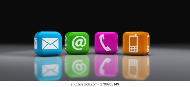 Website contact page header concept with contact us web icons on colorful cubes with copy space 3D illustration.