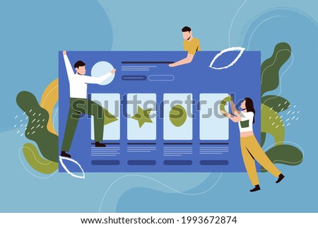 Website development abstract concept illustration. Cartoon man woman team of developer characters build app and web site design, holding geometric shapes, teamwork process technology background
