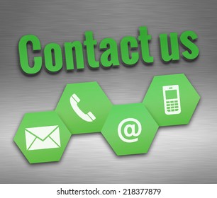 Website and Internet contact us page concept with green icons on silver background