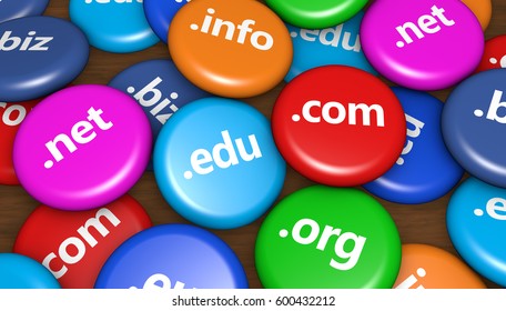 Website and Internet domain name web concept with domains sign on colorful badges 3D illustration background.