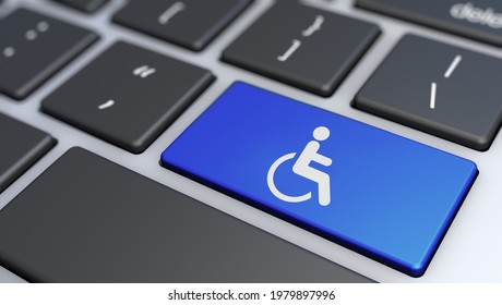 Website And Internet Online Content Accessibility And Accessible Computing Or Assistive Technology Concept With Wheelchair Icon And Symbol On A Blue Laptop Computer Key 3D Illustration.