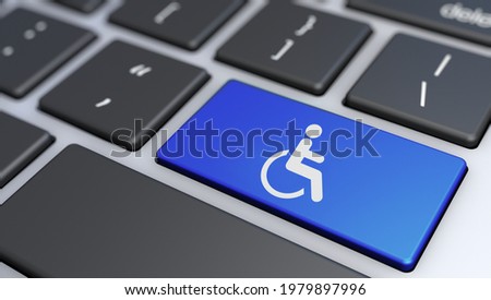 Website and internet online content accessibility and accessible computing or assistive technology concept with wheelchair icon and symbol on a blue laptop computer key 3D illustration. Photo stock © 