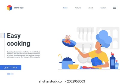 Website Landing Page Creative Design For Online Cookery Course, School Or Blog, Cartoon Flat Chef Man Character Cooks Healthy Food In Kitchen, Teaching Dish Recipes. Easy Cooking Illustration