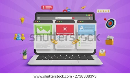 Website Link Building, Content Backlink Strategy. SEO Growth, Improved Rankings, Organic Traffic Boost, Digital Visibility Tactics. 3D Website Pages with Backlink or Hyperlinks on Laptop