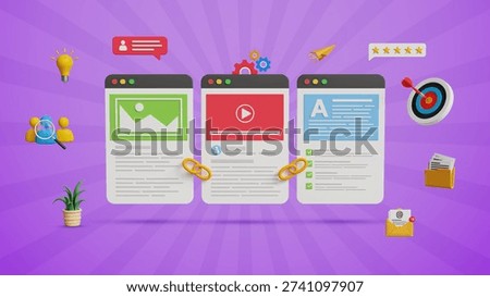 Website Link Building, Content Backlink Strategy. SEO Growth, Improved Rankings, Organic Traffic Boost, Digital Visibility Tactics. 3D Website Pages with Backlink or Hyperlinks
