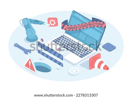 Website maintenance. Web page under construction. System update, bugs fixing. Raster illustration in 3d design. Isometric web banner.	
