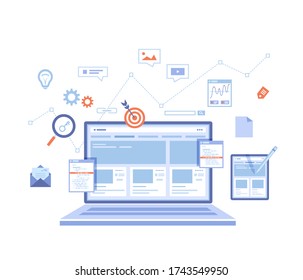 Website Optimization, Analysis, Content writing, Keywording, Reporting, Design, SEO, Links building. Website template on the laptop screen and tablet. Raster version