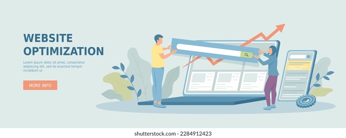 Website optimization, SEO concept. Search engine, analyzes data, optimization and improvement web pages. Promotional web banner. Cartoon flat raster illustration with people characters.