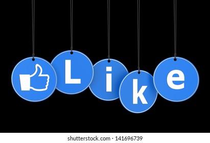 Website, social network and Internet concept with like word and thumb up icon on blue hanged tags on black background.