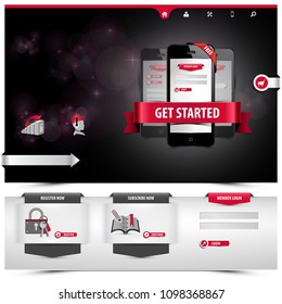 website template design containing web elements: header menu with flat icon set, footer tab form, layouts, banners, plugin apps, login, register symbols, 3d ribbons, buttons