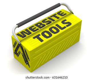 Website tools. Closed yellow tool box on a white surface with text "WEBSITE TOOLS". Isolated. 3D Illustration
