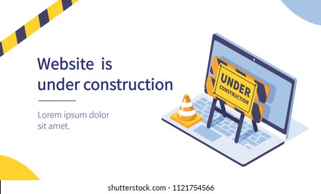 Website under construction page.  Flat isometric illustration isolated on white background.