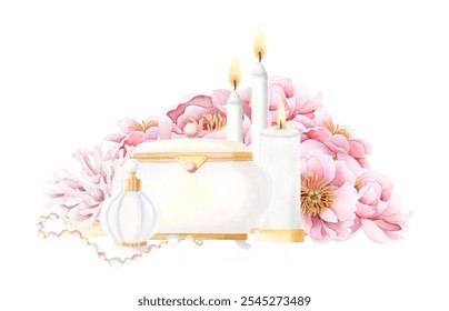 Wedding accessories with jewelry box, gold perfume bottle, white candles and pink peonies flowers watercolor isolated illustration. Retro beauty little things for bride bachelorette party - Powered by Shutterstock