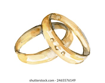 Wedding accessories made of gold, wedding decorations in sketch style. Rings of the bride and groom, icon, isolated. Wedding rings painted in watercolor on a white background. - Powered by Shutterstock