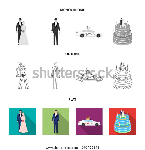 Wedding and Attributes cartoon\
,flat,outline,black icons in set collection for design.Newlyweds\
and Accessories bitmap symbol stock web\
illustration.