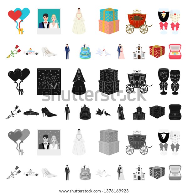 Wedding and Attributes cartoon icons in set\
collection for design. Newlyweds and Accessories bitmap symbol\
stock web\
illustration.